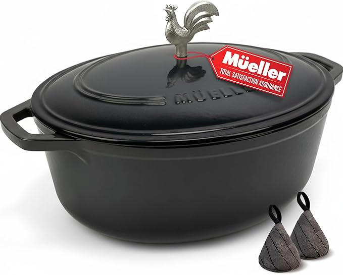 MUELLER HOME 5.5 Quart Enameled Cast Iron Oval Dutch Oven with Rooster Knob & Cotton Potholders, Heavy-Duty Cookware, Oven-Safe up to 500째 F & Across All Cooktops, Gifts for Grandma & Women, Black