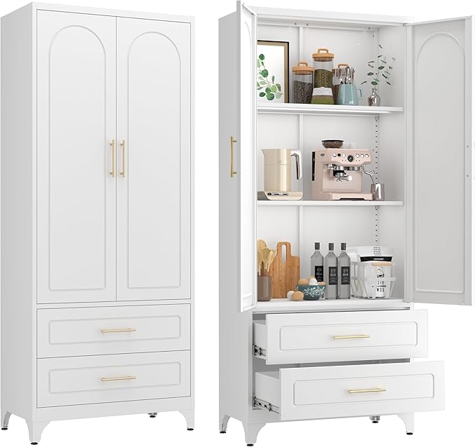 75??Tall Kitchen Pantry Cabinet,Metal Storage Cabinets with Doors and Adjustable Shelves竊똌odern Kitchen Hutch Cabinet,Freestanding Cupboard for Dining Room