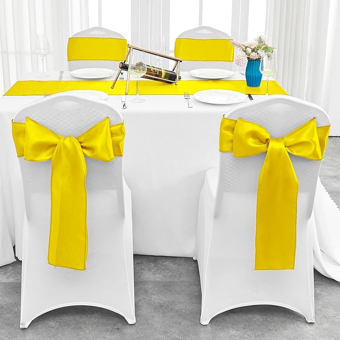 10-Pack Yellow Satin Table Runner 12 x 108 Inch Long Bright and Smooth Silk Fabric Table Runner for Wedding Banquet Birthday Party Decoration