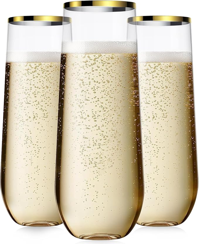24 Pcak Champagne Flutes Plastic, 9 Oz Disposable Stemless Mimosa Gold Rim Toasting Glasses, Clear Crystal Plastic Cocktail Cups for Party Wedding Birthday