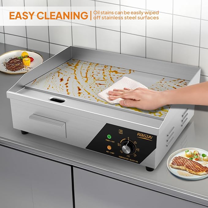 ROVSUN 22" Electric Countertop Flat Top Griddle, 1600W Electric Griddle, Teppanyaki Grill Stainless Steel with Adjustable Temperature Control 122째F-572째F for Home Restaurant Commercial