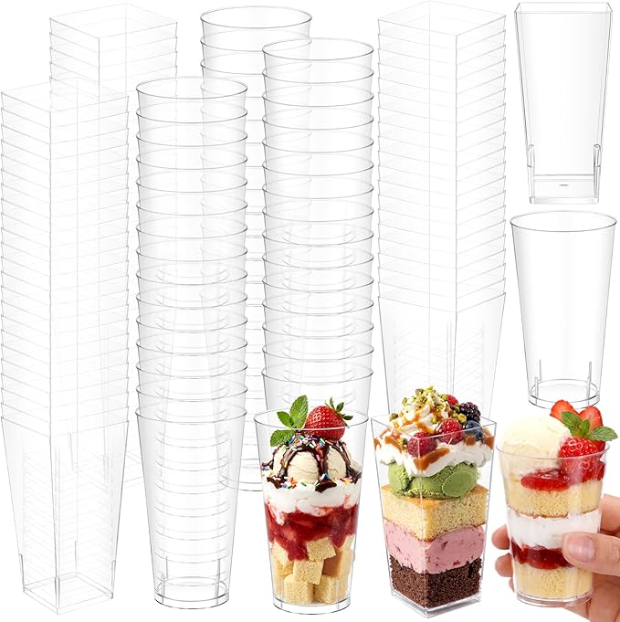 Uiifan 500 Pack 3 oz Mini Dessert Cups Tall Clear Plastic Parfait Cups cake Shooter for Desserts, Appetizers, Mousse Chocolate Dessert (Square Shape, Round Shape)