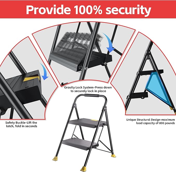 Step Ladder Foldable Folding Stool - for Home Adults Kitchen 2 Stepping Extension Tall Heavy Duty with Handrails - Closet Stepstool Stair Ladders Extendable Stepladder for Indoor House 800Lbs