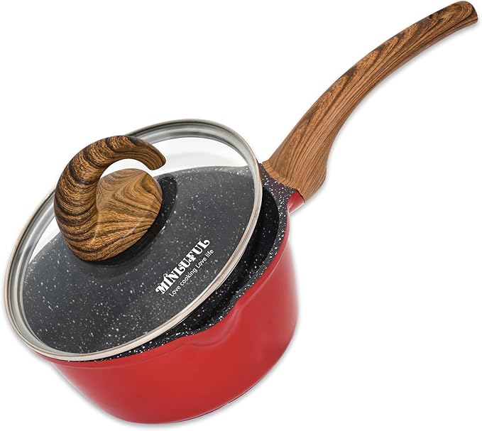 Nonstick Saucepan with Lid, 1.8 Quart Classic Red Granite Coated Pasta Soup Pot for All Stovetops, 7 Inch Small Sauce Pan for Cooking Sauce Soup and Milk