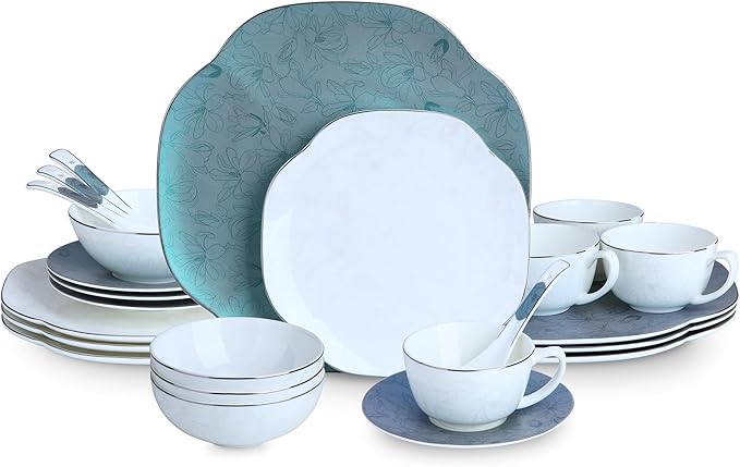 24 Piece Porcelain Dinnerware,Bone china Set for 4, Plates and Bowls Sets With exquisite Handmade Green Floral,Highly Chip and Crack Resistant | Oven & Dishwasher (Green + Floral)