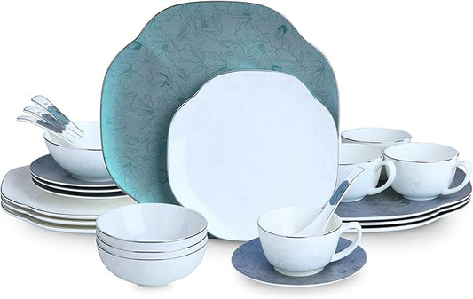 24 Piece Porcelain Dinnerware,Bone china Set for 4, Plates and Bowls Sets With exquisite Handmade Green Floral,Highly Chip and Crack Resistant | Oven & Dishwasher (Green + Floral)