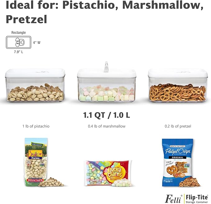Felli Flip Tite Food Storage Container with Lid 4??RECTANGLE Airtight Ring Flip Lock Top, Stackable Acrylic Canister Set for Kitchen Fridge Pantry Organizer, Veggie Fruit Tea Bag Snack (1.1 qt)