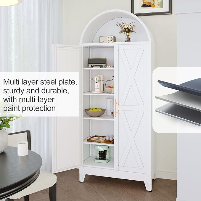 73"H Metal Tall Arched Kitchen Pantry Cabinet, Modern Farmhouse China Storage Cabinets with 2 Door and Adjustable Shelves, Versatile Cupboard for Kitchen, Dining Room, Bathroom, Bedroom（White）