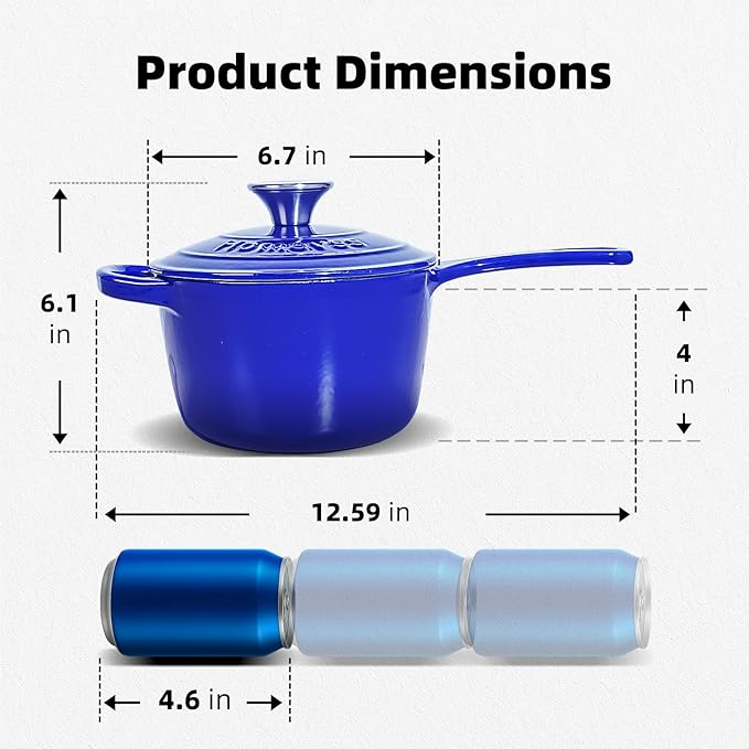 1.75QT Enameled Cast Iron Sauce Pan, Enameled Saucepan with Lid, Small Dutch Oven Cooking Kitchen Pot, Nonstick & Heavy Duty for Cooking Pasta Sauce, Gravy, Puddings, Marinate, Boiling - Blue
