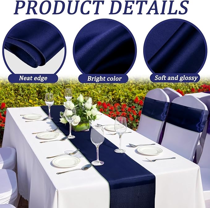 Bencailor 24 Pcs Navy Blue Satin Table Runner Bulk 12 x 108 Inches Long Table Runners Bright Smooth Fabric Tablecloth for Wedding Banquet Birthday Valentines St Patrick's Day Party Decorations