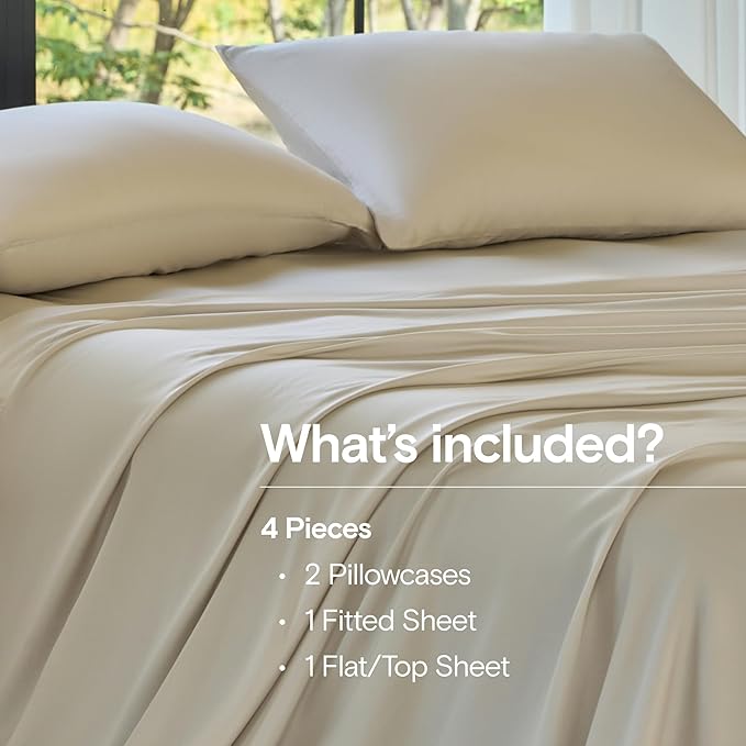 DOZ Sheet Set, 100% Viscose derived from Bamboo, Organically Grown, Buttery Soft, Cooling Sheets, High GSM, Deep Pockets - 4 Piece - 2 Pillowcases 1 Fitted 1 Top Sheet (Sand, Full)
