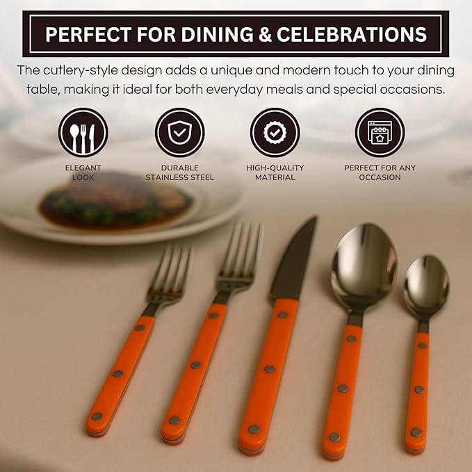 Khen 20-Piece Cutlery Set with Dinner Knives, Forks, Spoons, Salad Forks & Teaspoons ??Durable and Dishwasher Safe Utensil Set for Home, Kitchen, Parties & Special Occasions ??Orange Handle