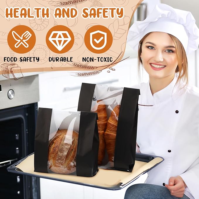 Domensi 450 Pcs Paper Bread Bags for Homemade food 13.7 x 8.2 x 3.5 Inch Large Paper Bakery Bag with Window Sourdough Bread Bags for Baked Food Packaging Storage (Black)