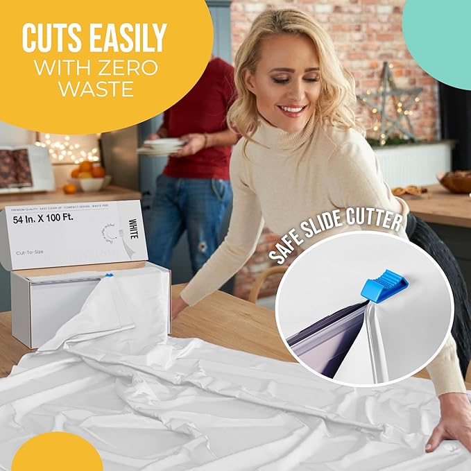 Party Solids 54 Inch X 100 Feet White Plastic Table Cover Roll in A Cut - to - Size Box with Convenient Slide Cutter. Cuts Up to 12 Rectangle 8 Feet Plastic Disposable Tablecloths
