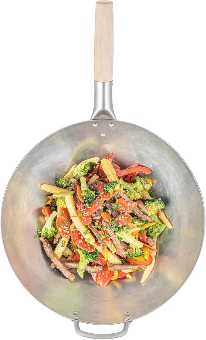 Motomori 14 Inch Hand-Hammered Carbon Steel Woks, 10 Traditional Japanese Woks - Round Bottom, Wooden Handle, Black Carbon Steel Traditional Stir Fry Pans, With Helper Handle - Restaurantware