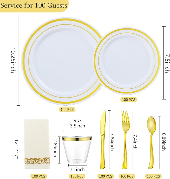 700 PCS Gold Plastic Dinnerware for 100 Guests, Gold and White Disposable Plates include 100 Dinner Plates,100 Dessert Plates,100 Silverware Set,100 Cups,100 Napkins