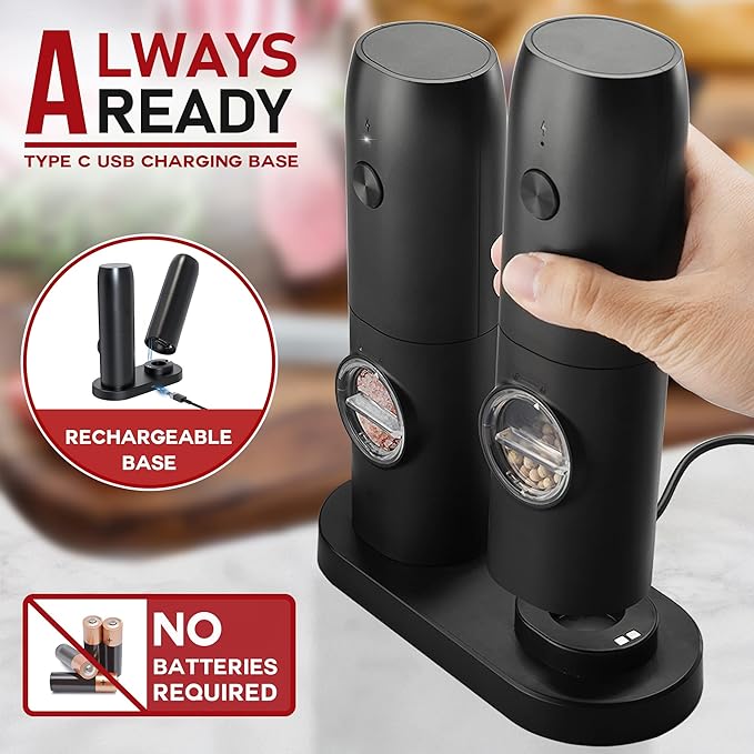 Electric Salt and Pepper Grinder Set of 2, Automatic Pepper Mill,USB Rechargeable, Adjustable Coarseness, One-handed Operation, Ceramic Burr, Refillable, Auto Grinders with Charging Base LED Light