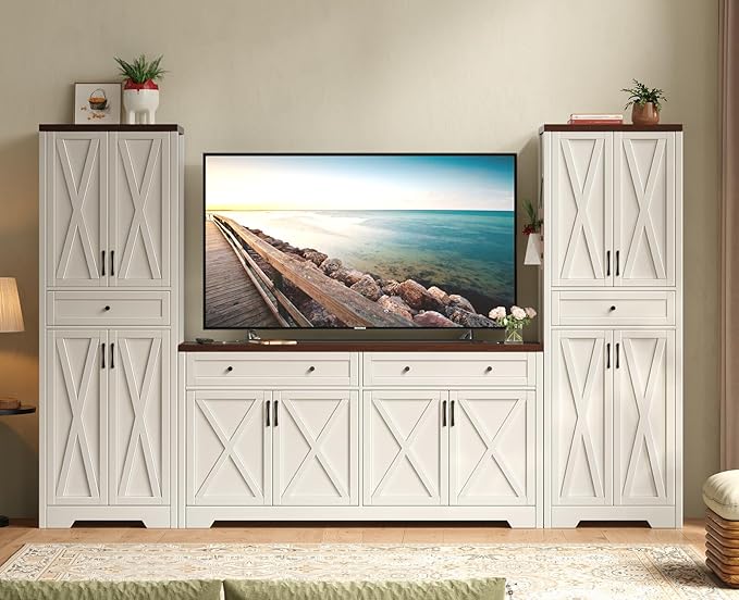 Lyromix 3 Pieces Sideboard and Pantry Set with Storage, Brown Farmhouse Wall Unit Entertainment Center, Large Kitchen Sideboard Buffet Pantry Cabinet with Drawers