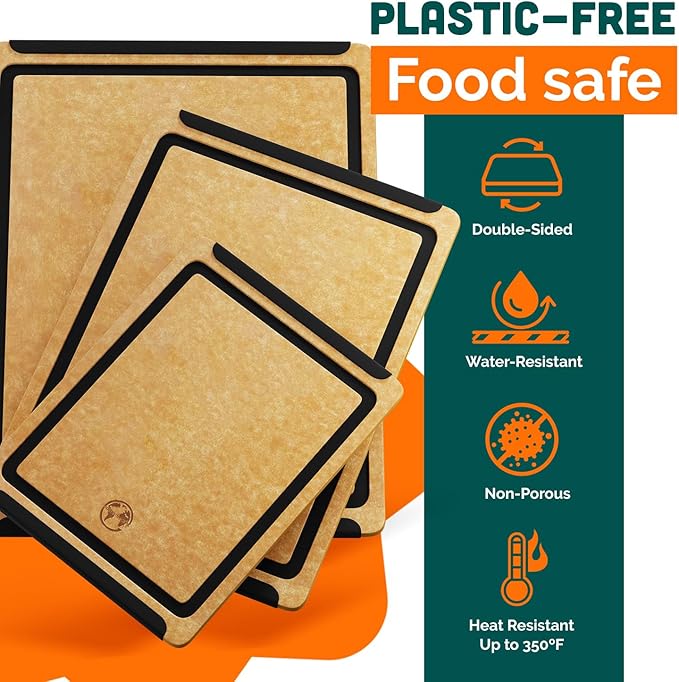 Earth?셲 Dreams Wood Cutting Board Set 3-Piece: Small, Large & Extra Large - Charcuterie Board, Non-Plastic, Non-Toxic, Heavy-Duty, Dishwasher Safe (Tan/Black)