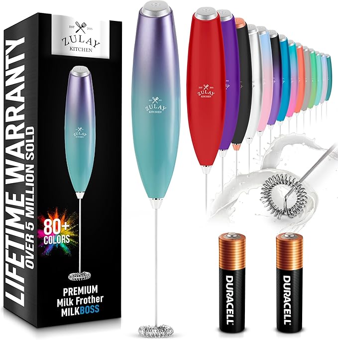 Zulay Kitchen Milk Frother Handheld Electric Whisk with AA Duracell Batteries ??Durable Drink Mixer for Coffee, Lattes, Cappuccinos & More - Aurora