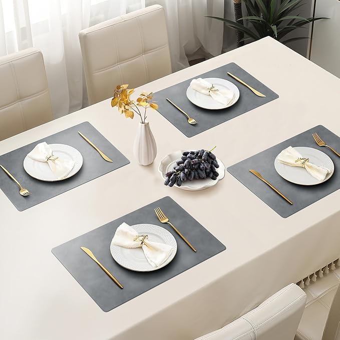 Roxifina Faux Leather Placemats Set of 6 - Vinyl Placemats Wipeable Waterproof Oil-Proof PU Place Mats Heat Resistant Reversible Table Mats for Dining, Kitchen, Outdoor, 12 x 17 Inch (Gray)