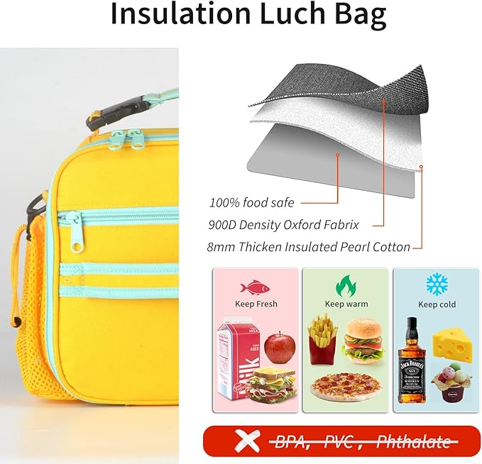 Cerbonny Kids Lunch Box, Yellow-3, Unisex, Polyester, With Insulation, Easy-clean, Multiple Carrying Options, Big Capacity, Lightweight, Quality Guaranteed