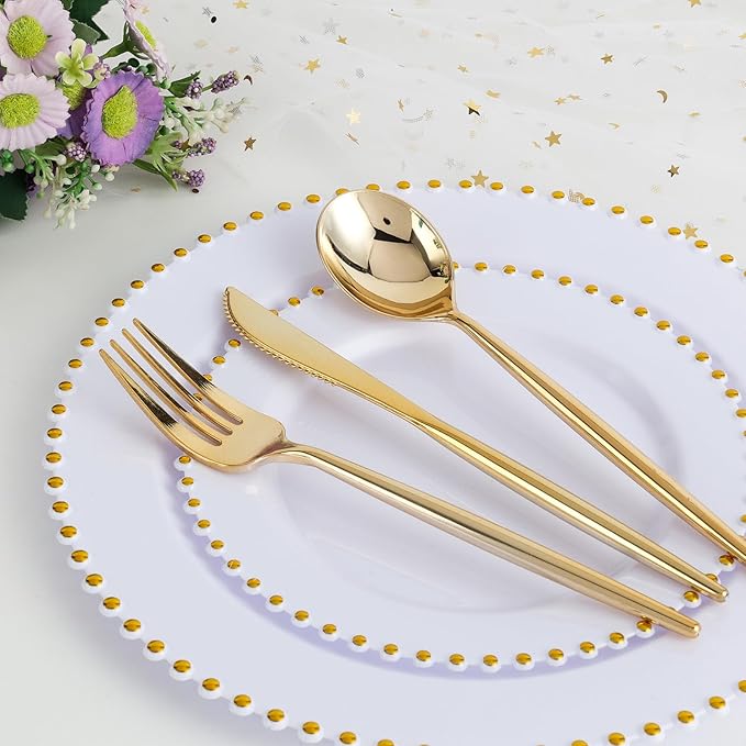 EI 60pcs White Plastic Plates with Gold Rim,Heavy Duty Plastic Plates Disposable,White and Gold Plate for Party,Wedding,Birthday,Afternoon Tea,Spring,Mother's Day,Valentine's Day