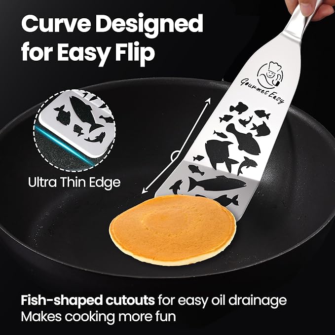 Stainless Steel Fish Spatula Set ??Funky Fish Edition, 1 Large Fish Turner + 1 Small Metal Spatula, Ultra Thin Edge for Easy Turning & Flipping, Ergonomic Non-Slip Handle, Dishwasher Safe
