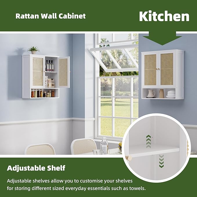 Bathroom Wall Cabinet, Bamboo Over-The-Toilet Storage Organizer with 2 Rattan Doors and Adjustable Shelf, Space Saver Medicine Cabinet for Laundry, Kitchen, Living Room (White)