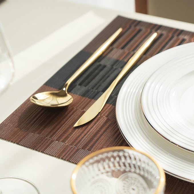 SUMYMERY Placemats Set of 6 Vinyl/Plastic Woven Place Mats for Kitchen Table Indoor/Outdoor Washable Placemat Wipeable Dining Table Mats (Ombre Brown Black,6)