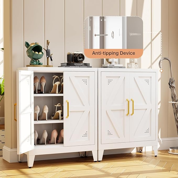 32" Metal Kitchen Pantry Cabinet,Floor Bathroom Storage Cabinet with 2 Adjustable Shelves,Freestanding Sideboard for Small Spaces, Living Room, Hallway, Dining Room,White