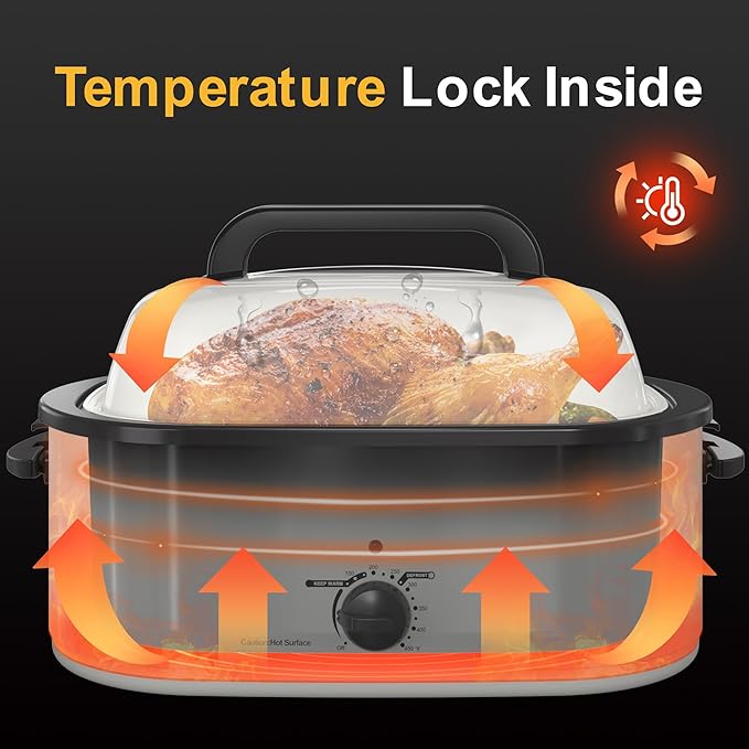 RoyalCraft 22-Quart Electric Roaster Oven with Visible Self-Basting Lid, Turkey Roaster Oven with Removable Pan and Rack, Perfect for Large Meals and Holiday Feasts, White