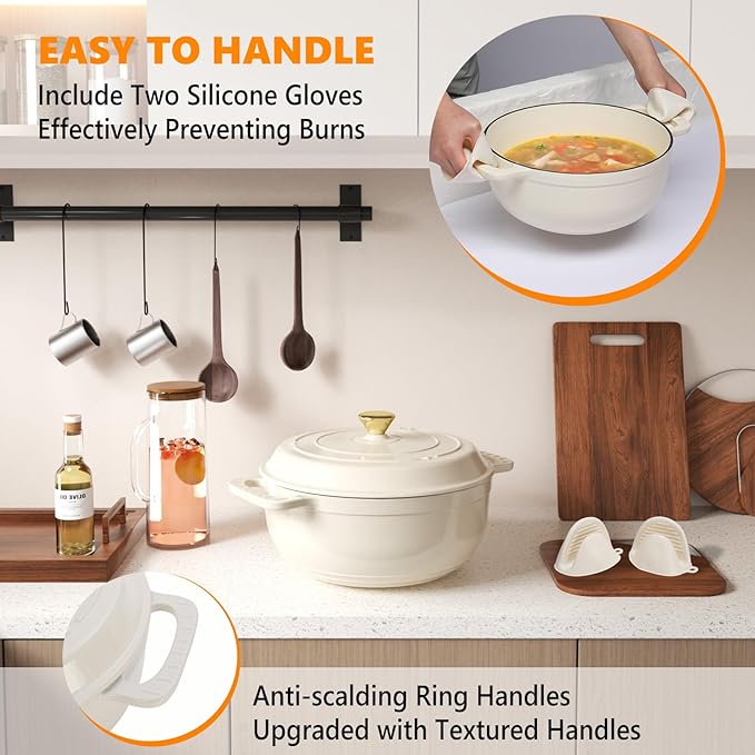 Bonnlo 6QT Round Dutch Oven, Enameled Cast Iron Dutch Oven Pot with Lid & Dual Handles, Oven Safe Up to 500째 F, for Sourdough, Bread Baking, Stews and Roasting, White