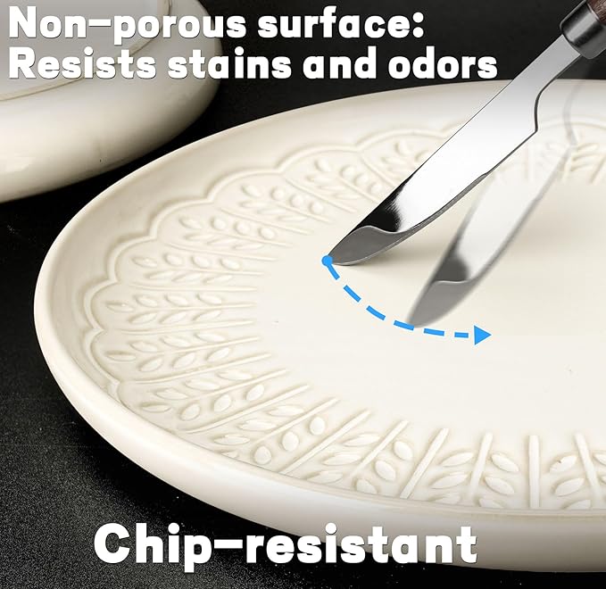 Artena Salad Plates Set Of 4, 8.5 Inch Embossed Ceramic Dinner Plates for Appetizer Dessert, Kitchen Plates With Lipped Edges, Microwave Oven Dishwasher Safe (Wheat Leaf)