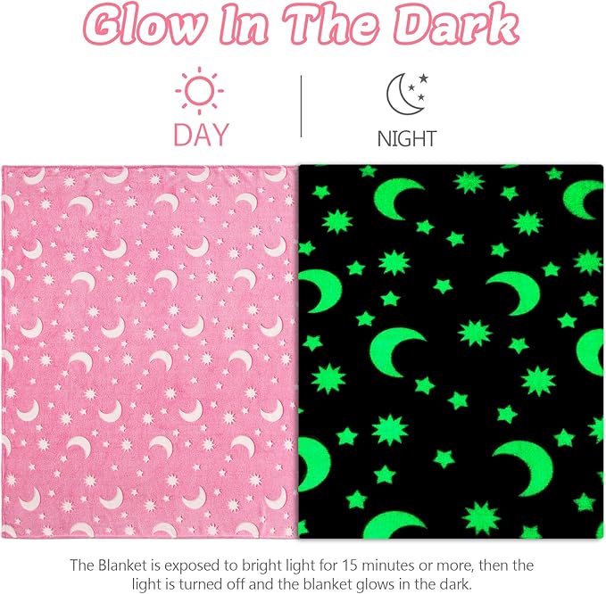 QSTEHEML Pink Moon Glow in The Dark Blanket,Star Gifts Toys for Kids Girls Birthday Christmas Bedroom Decor for Age 3-12 Years Old Toddler Teens Child Daughter Soft Luminous Blanket竊?0"횞60"