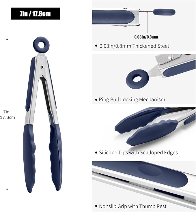 Doosu Kitchen Tongs for Cooking - 600째F Heat Resistant Food Tong with Non-Scratch Silicone Tips, Heavy Duty Stainless Steel Locking Tong for BBQ, Grilling Steak, Serving Salad Pasta (7in, Navy Blue)