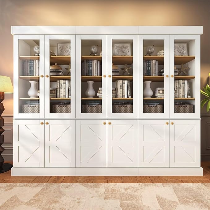 71" Tall Farmhouse Kitchen Pantry, Rustic Large Storage Cabinet with Glass Doors, Adjustable Shelves, Wood Versatile Hutch Cabinet for Dining Room, Living Room, White, Set of 3