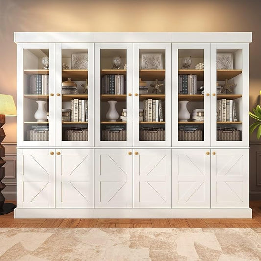 71" Tall Farmhouse Kitchen Pantry, Rustic Large Storage Cabinet with Glass Doors, Adjustable Shelves, Wood Versatile Hutch Cabinet for Dining Room, Living Room, White, Set of 3