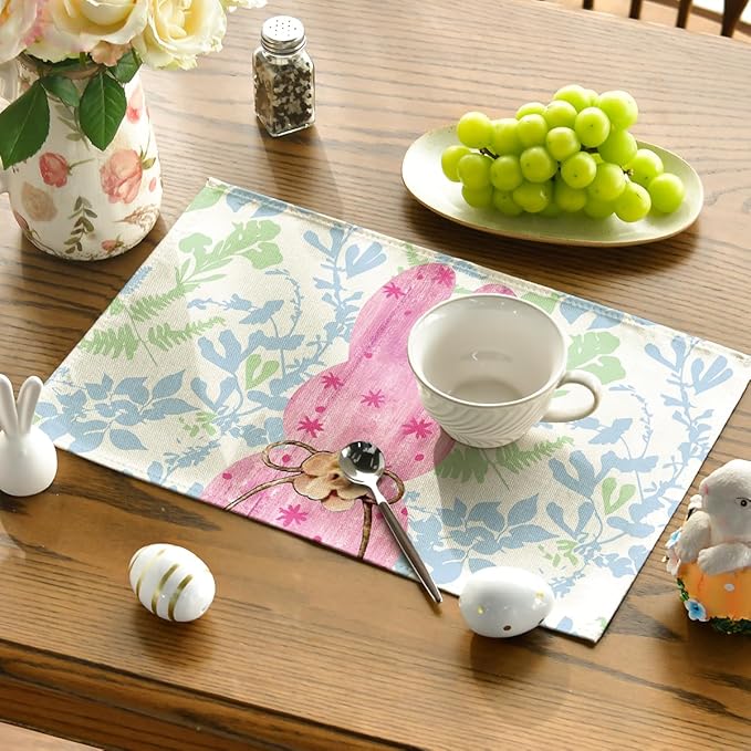 Artoid Mode Pink Bunny Leaves Bow Easter Placemats Set of 4, 12x18 Inch Spring Table Mats for Outdoor Home Party Kitchen Dining Decor
