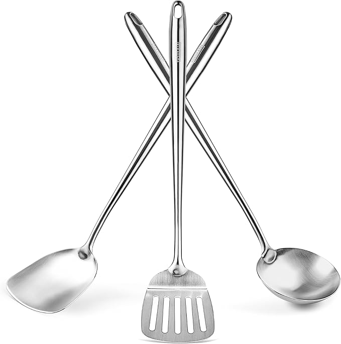 YOSUKATA Carbon Steel Wok Pan ??13,5 ??Stir Fry Pans with Flat Bottom + Wooden Wok Lid 13.5 in with Ergonomic Handle + 17" Spatula and Ladle and Turner