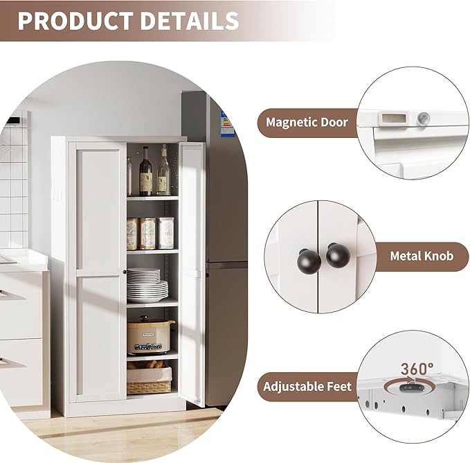 Kitchen Pantry Storage Cabinets with 4 Adjustable Shelves, 61" Tall Kitchen Cupboard Metal Food Pantry Cabinet for Kitchen, Dining Room, Living Room and Bathroom, Assembly Required(White)
