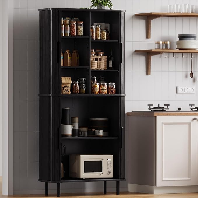 ONBRILL 71" Fluted Pantry Cabinet, Tall Kitchen Pantry Storage Cabinet with 2 Pegboards, 4 Hooks & Adjustable Shelves, Wood Cupboard for Kitchen, Dining Room, Living Room and Hallway, Black