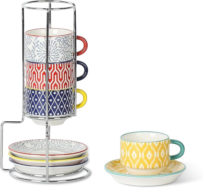 Selamica Ceramic Espresso Cups with Saucers and Metal Stand, 2.5 OZ Stackable Demitasse Cups for Espresso Latte Caf챕 Mocha Tea, Set of 4, Assorted Colors