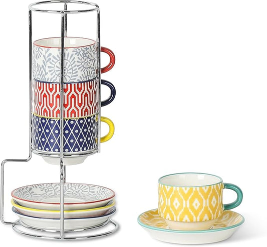 Selamica Ceramic Espresso Cups with Saucers and Metal Stand, 2.5 OZ Stackable Demitasse Cups for Espresso Latte Caf챕 Mocha Tea, Set of 4, Assorted Colors