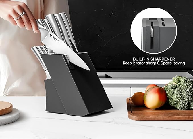 BRODARK Knife Block Set: Kitchen Knives Set with Block and Sharpener, 15 Pcs Ultra Sharp Chef knife, High Carbon Stainless Steel, Ergonomic Handle Non-Slip Grip, Silver Wolf Series with Gift Box