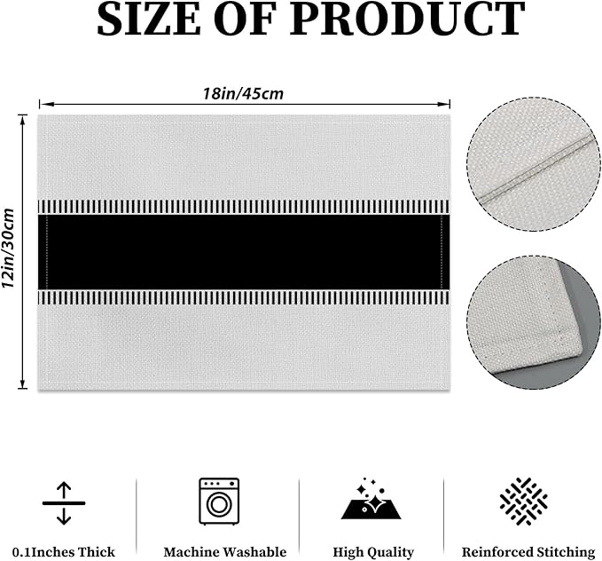 CSFOTO Modern Minimalist Line Decorative Placemats Set of 4 Heat-Resistant Non-Slip Black and White Linen Place Mats for Dining Table 18"x12" Washable