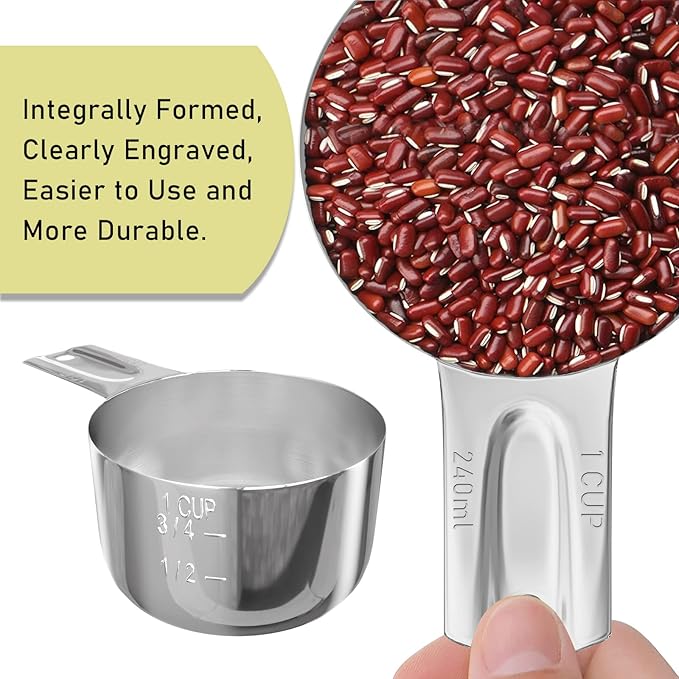 BERYLER 4PCS 1Cup (240ml, 8oz) Single Measuring Cup, Stainless Steel Measure Scoop, Metric and US Measurement, Dishwasher Safe
