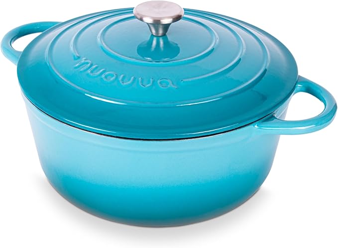 Nuovva Enamelled Cast Iron Dutch Oven Pot with Lid 6.4 Quart Non Stick Casserole Pot ??Heavy Duty & Oven Safe up to 500째 F for Bread Baking, Braising, Stews, Roasting ??28cm Light Blue