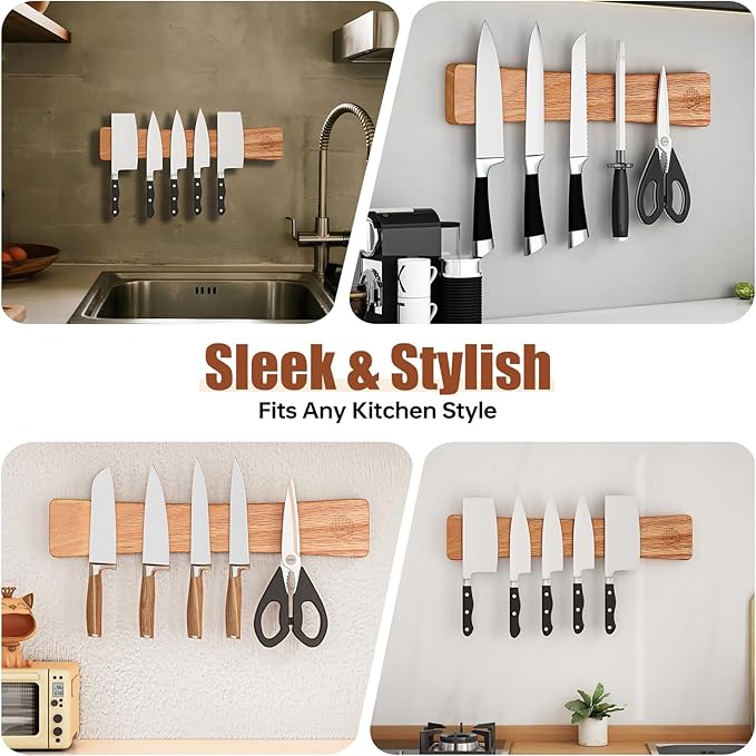 Premium Oak Wood Magnetic Knife Strip, 16" Magnetic Knife Holder for Wall with N52 Neodymium Magnets (Supreme Grade), Professional Knife Magnetic Strip Organizer for Kitchen Knives &Tools,No Drilling