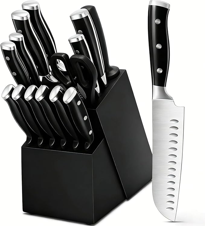 Knife Set, 15 Piece Premium Kitchen Knife Block Set, Razor-Sharp, High Carbon Stainless Steel Chef Knife, Ergonomic Forged Triple Rivet Handle, Black Sharp Knife Set for Kitchen, Dishwasher Safe